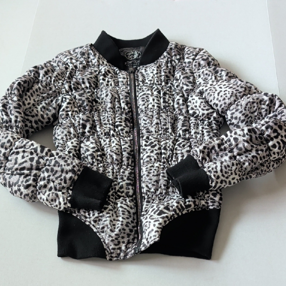 Betsey Johnson Black & White Leopard Print Puffer Bomber